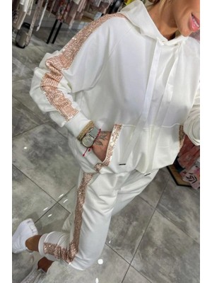 Eccey Butik Kadın Uzun Kollu Kapşonlu Pulpayet Detay Viskon Iki Iplik Bluz ve Pantolon Ikili Takım