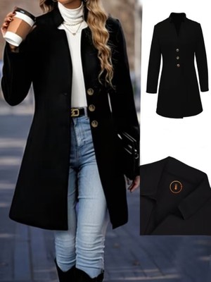 Eccey Butik Kadın Uzun Kollu Hakim Yakalı Önden Düğmeli Ithal Kaşe Astarsız Kısa Kaban