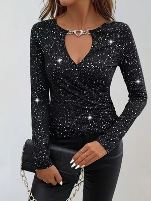 Eccey Butik Kadın Uzun Kollu Kruvaze Yakalı Aksesuarlı Dalgıç Bluz