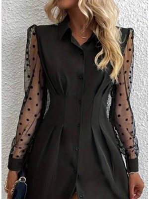 Eccey Butik Kadın Uzun Kollu Yakalı Düğmeli Mini Ithal Krep Elbise