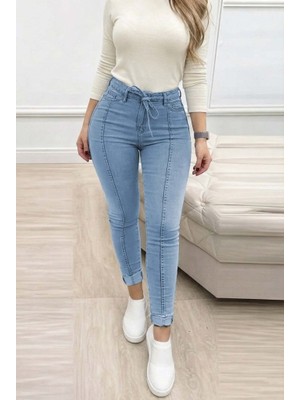 Eccey Butik Kadın Yüksek Bel Belden Kuşaklı Yırtık Detaylı Kot Pantolon