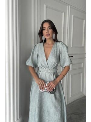 Eccey Butik Mint Işıltılı Kemerli Kruvaze Elbise
