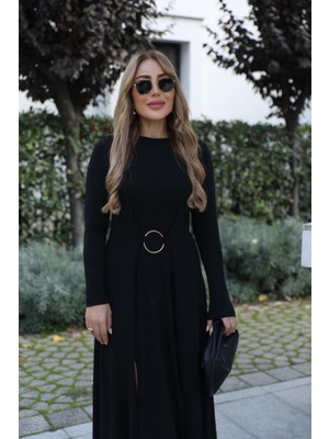 Eccey Butik Kadın Uzun Kollu Bisiklet Yaka Önden Halka Detaylı Yırtmaçlı Uzun Viskon Iki Iplik Elbise