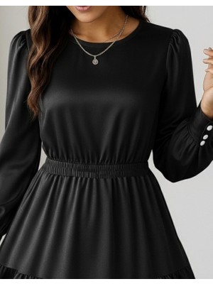 Eccey Butik Kadın Uzun Kollu Bisiklet Yaka Beli Lastikli Fırfırlı Ithal Krep Elbise