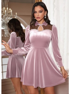 Eccey Butik Kadın Uzun Kollu Yakalı Tül Detaylı Incili Mini Kadife Elbise