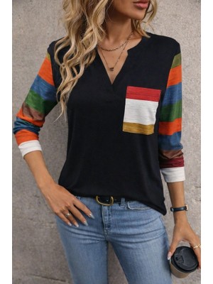 Eccey Butik Kadın Uzun Kollu V Yakalı Cepli Çok Renkli Viskon Bluz