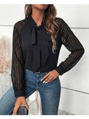 Eccey Butik Kadın Uzun Kollu Reglan Kol Detaylı Tüllü Yakadan Bağlamalı Sandy Bluz