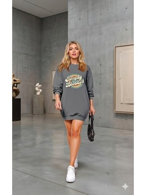 Eccey Butik Kadın Uzun Kollu Bisiklet Yaka Yazılı Viskon Iki Iplik Elbise