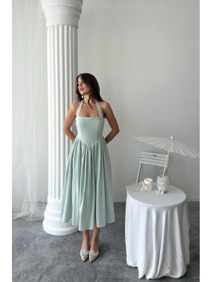 Eccey Butik Mint Boyundan Bağlamalı Keten Elbise