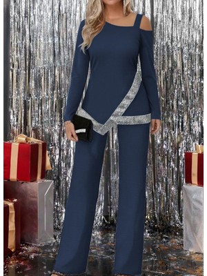 Eccey Butik Kadın Tek Omuzdan Açık Uzun Kollu Önü Pulpayet Ithal Krep Bluz ve Pantolon