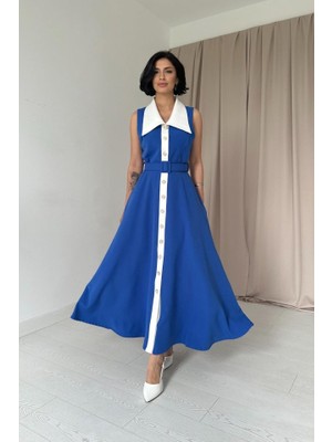 Eccey Butik Saks Geniş Yakalı Halter Kollu Elbise