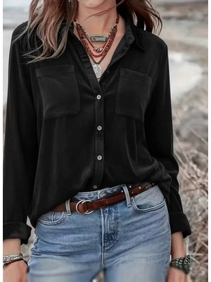 Eccey Butik Kadın Uzun Kollu Yakalı Önden Düğmeli Cep Detaylı Kadife Gömlek
