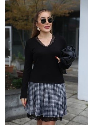 Eccey Butik Kadın Uzun Kollu Denteli Yaka Ekose Etek Detay Diz Üstü Elbise