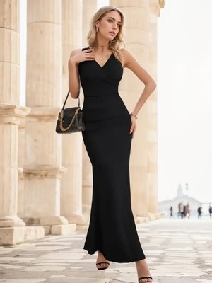 Eccey Butik Kadın Askılı Kruvaze Yaka Yırtmaç Detaylı Janjan Krep Elbise