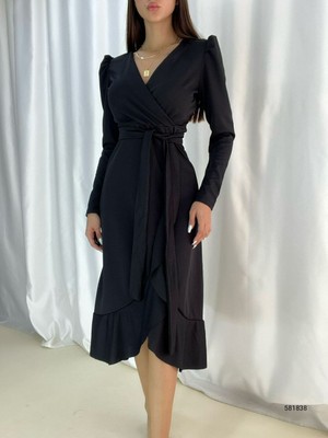 Eccey Butik Krep Kumaş Midi Boy Kuşaklı Uzunkol Elbise 113 cm