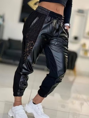 Eccey Butik Kadın Yüksek Bel Lastikli Yanda Dantel Detaylı Bağcıklı Deri Pantolon