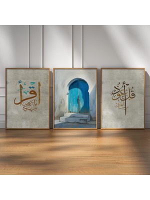 Pam Studio Mavi Kapı & Islami Hat Sanatı 3’lü Tablo Seti | Manevi Temalı Duvar Dekoru