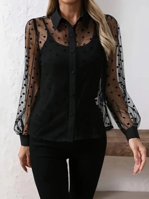 Eccey Butik Kadın Uzun Kollu Yakalı Şeffaf Tül Detaylı ve Viskon Atlet Ikili Takım