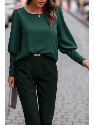 Eccey Butik Kadın Uzun Kollu Yuvarlak Yakalı Düğmeli Ithal Krep Bluz