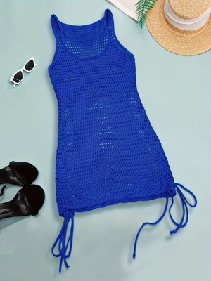 Eccey Butik Kadın Askılı Eteği Büzgü Bağlama Detay Delikli Örme Triko Pareo Elbise