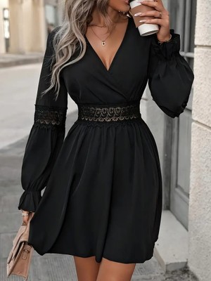 Eccey Butik Kadın Uzun Kollu Kruvaze Yakalı Dantelli Fermuar Detaylı Kısa Ithal Krep Elbise