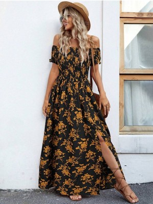 Eccey Butik Kadın Kısa Kollu Madonna Yaka Yırtmaçlı Çiçek Desenli Süprem Elbise