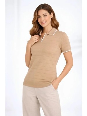 Eccey Butik Triko Kumaş Yakalı Düğmesiz Açık Yaka Fitilli Kısa Kollu Regular Fit Tişört T-Shirt - Bej