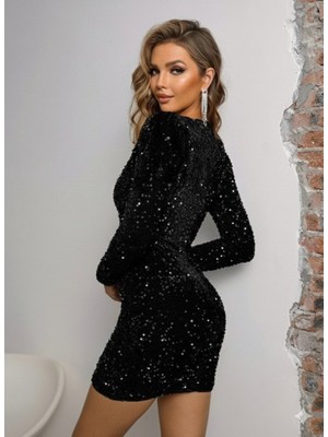 Eccey Butik Kadın Uzun Kollu Derin V Yakalı Mini Pulpayet Elbise