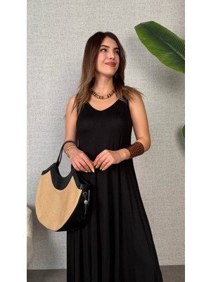 Eccey Butik Kadın Çan Dokuma Kumaş V Yaka Asimetrik Kesim Elbise