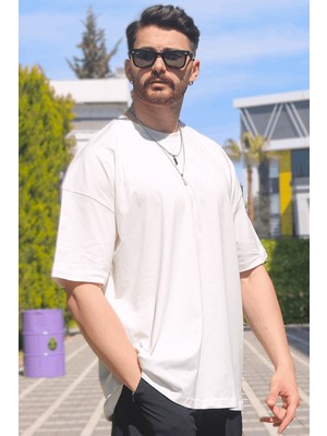 Eydamoon Erkek Beyaz Penye %10O Pamuk Oversize Rahat Kesim Kısa Kollu T-Shirt