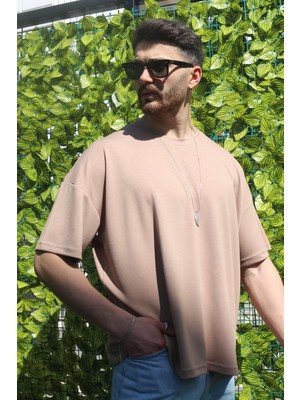 Eydamoon Erkek Bej Oversize Modal %100 Pamuk Kumaş Rahat Kesim Bisiklet Yaka T-Shirt