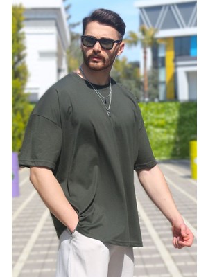 Eydamoon Erkek Haki Oversize Süprem %100 Pamuk Kumaş Bisiklet Yaka T-Shirt