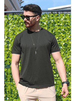 Eydamoon Erkek Haki Likralı Regular Kesim Süprem Kumaş %100 Pamuk Terletmez Ince T-Shirt