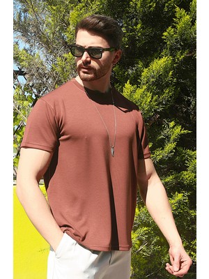 Eydamoon Erkek Kahverengi Kışlık T-Shirt %100 Pamuk Modal Ipeksi Kumaş Bisiklet Yaka Nefes Alabilen Doku