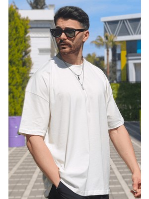 Eydamoon Erkek Beyaz Oversize Süprem %100 Pamuk Kumaş Bisiklet Yaka T-Shirt