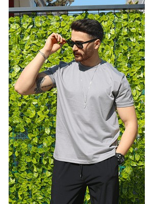 Eydamoon Erkek Gri Regular Likralı Süprem Kumaş %100 Pamuklu Bisiklet Yaka Kısa Kollu T-Shirt