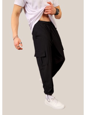 Eydamoon Erkek Siyah Likralı Baggy Kesim Kargo Cepli Ayarlanabilir Paça Yazlık Eşofman Altı