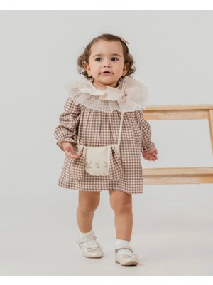 Butik Kız Bebek - Çocuk Tül Güpürlü Pötükareli Elbise ve Çanta 2 Parça Elbise %100 Pamuklu