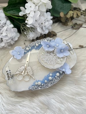 Epoksi Tepsi Mavi Orkideli Nişan Tepsi Seti Küçük Boy