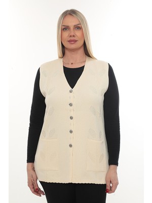 İKSUN Kadın Triko Cepli Kışlık Kalın Yaprak Desenli Anne Yelek