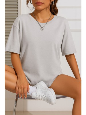 Eydamoon Kadın Oversize Likralı Süprem %100 Pamuk Kumaş Bisiklet Yaka Basic T-Shirt