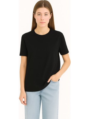 Eydamoon Kadın Regular Likralı Süprem %100 Pamuk Kumaş Bisiklet Yaka Basic T-Shirt
