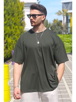 Eydamoon Erkek Haki Penye %10O Pamuk Oversize Rahat Kesim Kısa Kollu T-Shirt