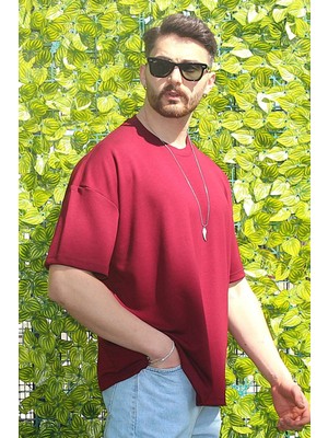Eydamoon Erkek Bordo Oversize Modal %100 Pamuk Kumaş Rahat Kesim Bisiklet Yaka T-Shirt