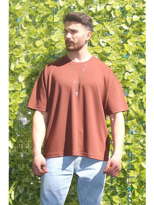 Eydamoon Erkek Kahverengi Oversize Modal %100 Pamuk Kumaş Rahat Kesim Bisiklet Yaka T-Shirt