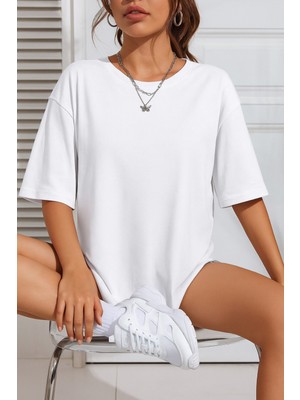 Eydamoon Kadın Oversize Likralı Süprem %100 Pamuk Kumaş Bisiklet Yaka Basic T-Shirt