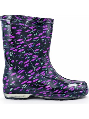 Fafatara Mor Çiçekli Su Geçirmez Kaymaz Taban Günlük Yağmur ve Bahçe Çizmesi