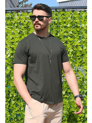 Eydamoon Erkek Haki Regular Likralı Süprem Kumaş %100 Pamuklu Bisiklet Yaka Kısa Kollu T-Shirt