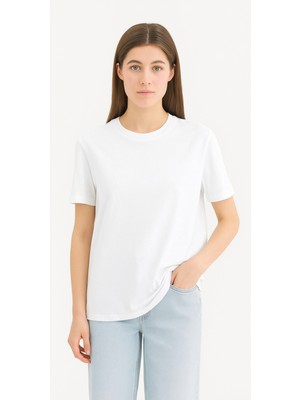 Eydamoon Kadın Regular Likralı Süprem %100 Pamuk Kumaş Bisiklet Yaka Basic T-Shirt