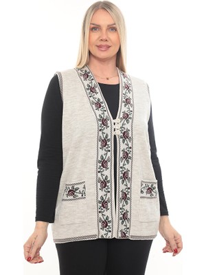 İKSUN Güllü Nakışlı Kışlık Kalın Düğmeli Cepli Triko Anne Yelek